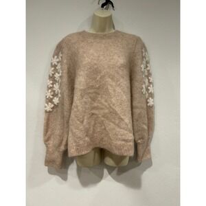 NWT SEZANE Luke Beige Sweater XXXL Embroidered Flowers Puff Sleeve Mohair Blend